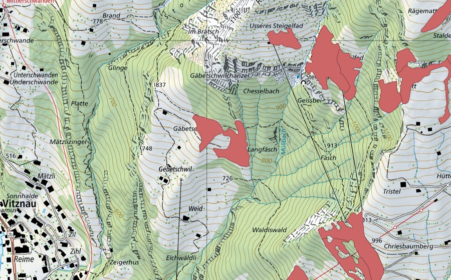 swisstopo national map showing the protected perimeter of Gäbetswil (Dry meadow)