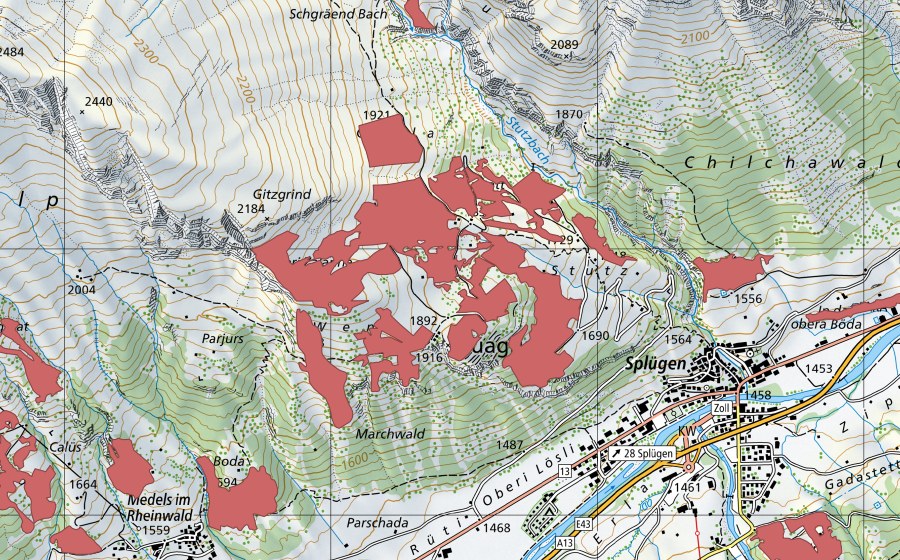 Carte nationale swisstopo avec le périmètre protégé de Gadastatt (Prairie sèche)