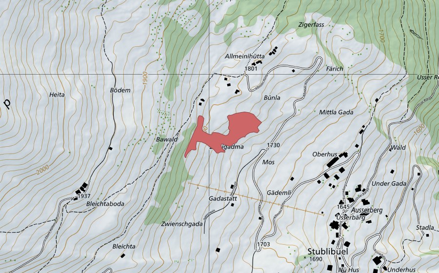 swisstopo national map showing the protected perimeter of Gadastatt (Dry meadow)