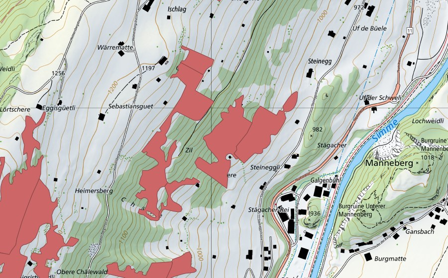 Carte nationale swisstopo avec le périmètre protégé de Galgebüel (Prairie sèche)