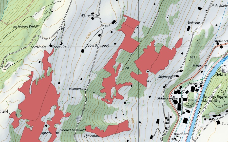 Carte nationale swisstopo avec le périmètre protégé de Galgebüel (Prairie sèche)