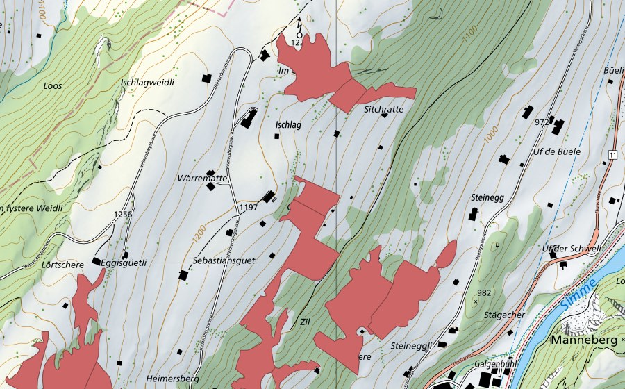 swisstopo national map showing the protected perimeter of Galgebüel (Dry meadow)