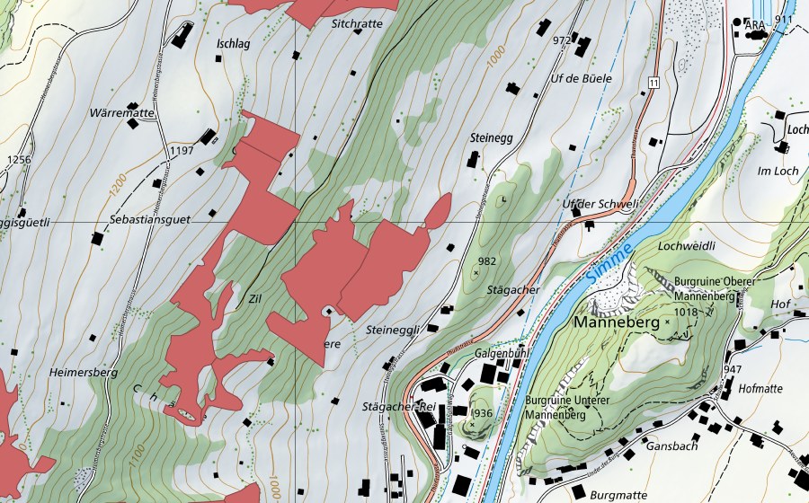 Landeskarte swisstopo mit dem Schutzperimeter von Galgebüel (Trockenwiese)