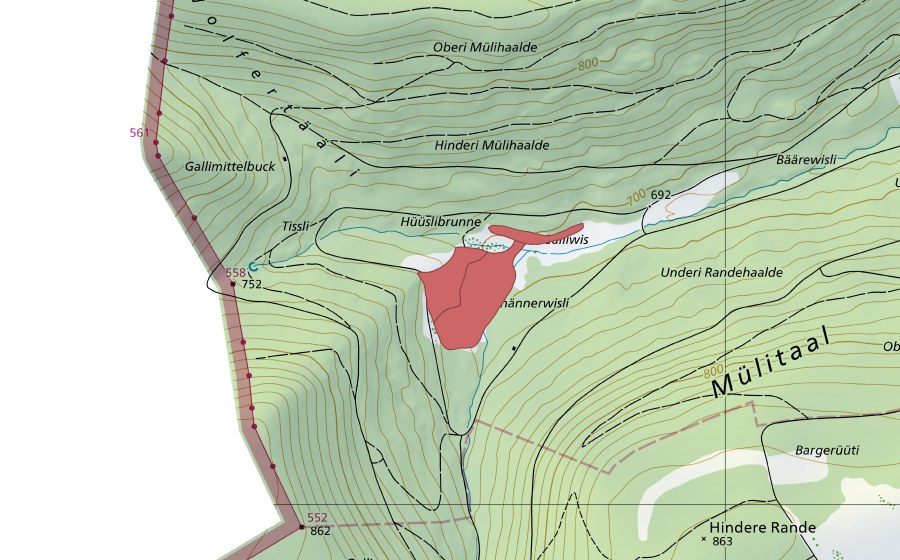 Carte nationale swisstopo avec le périmètre protégé de Galliwisen (Prairie sèche)