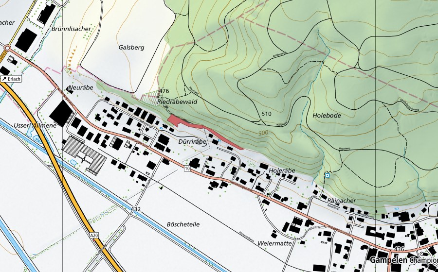 Carte nationale swisstopo avec le périmètre protégé de Gampelen (Prairie sèche)