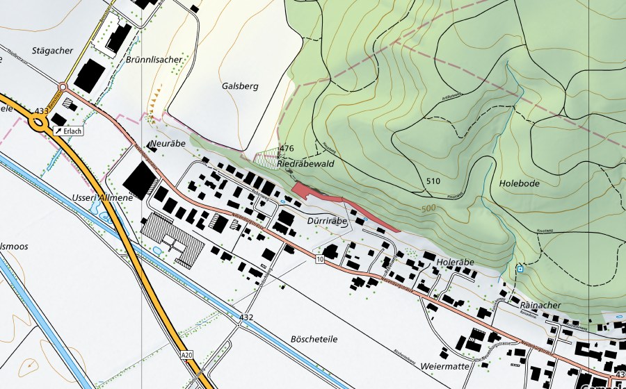 Carte nationale swisstopo avec le périmètre protégé de Gampelen (Prairie sèche)