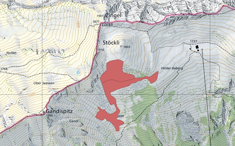 swisstopo national map showing the protected perimeter of Gandi (Dry meadow)