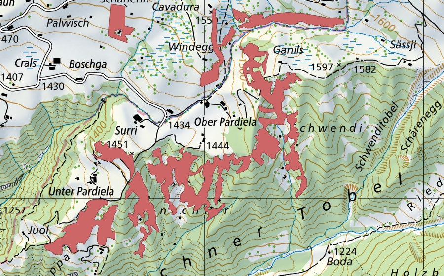 swisstopo national map showing the protected perimeter of Ganschier (Dry meadow)