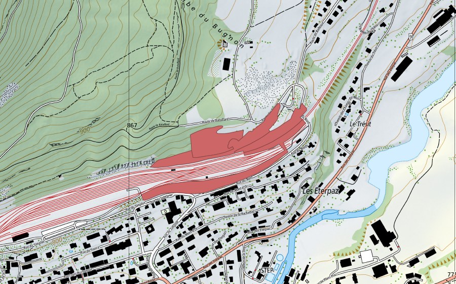 swisstopo national map showing the protected perimeter of Gare de Vallorbe (Dry meadow)