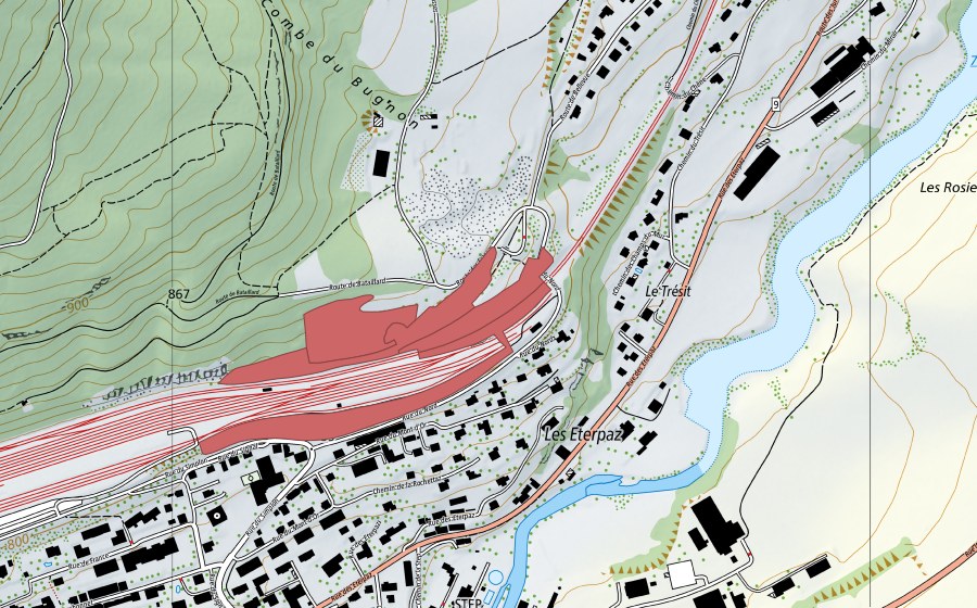 swisstopo national map showing the protected perimeter of Gare de Vallorbe (Dry meadow)