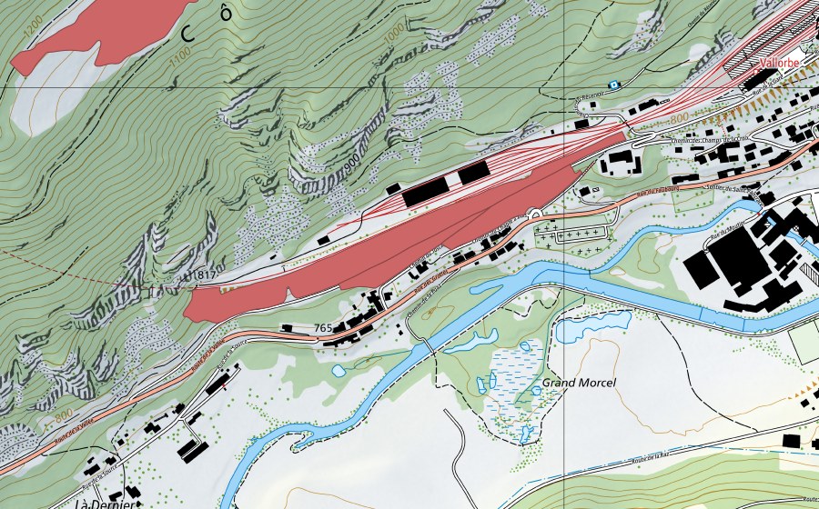 Landeskarte swisstopo mit dem Schutzperimeter von Gare de Vallorbe (Trockenwiese)