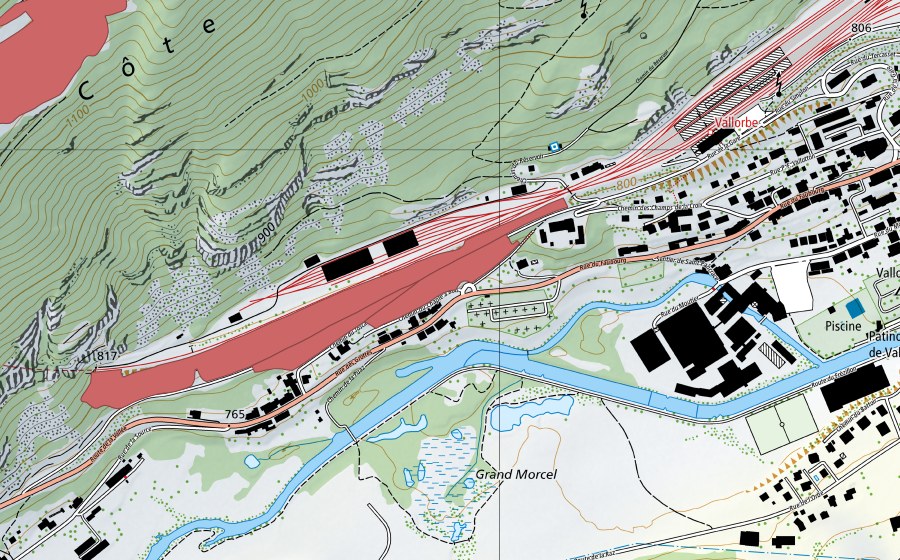 swisstopo national map showing the protected perimeter of Gare de Vallorbe (Dry meadow)