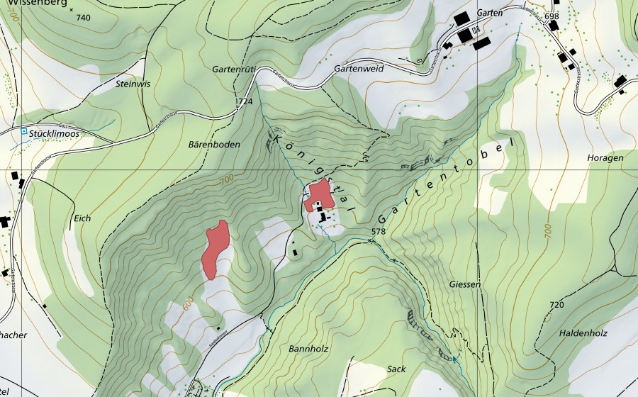 swisstopo national map showing the protected perimeter of Gartentobel (Dry meadow)