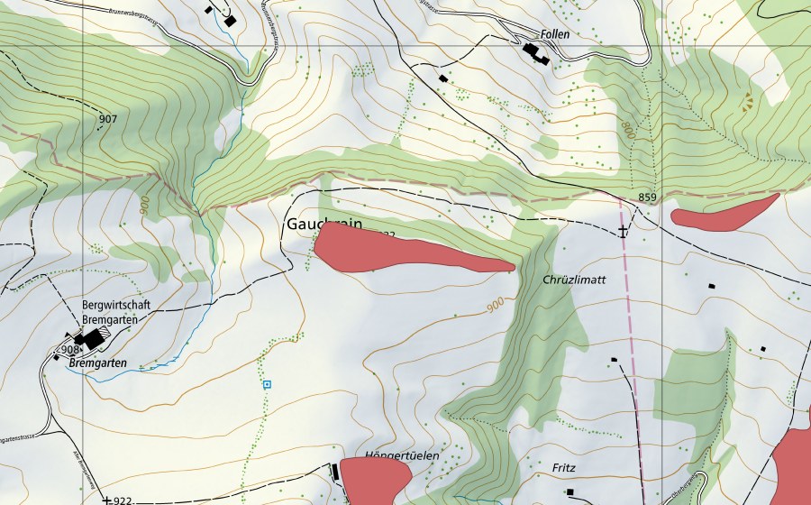 Landeskarte swisstopo mit dem Schutzperimeter von Gauchrain (Trockenwiese)