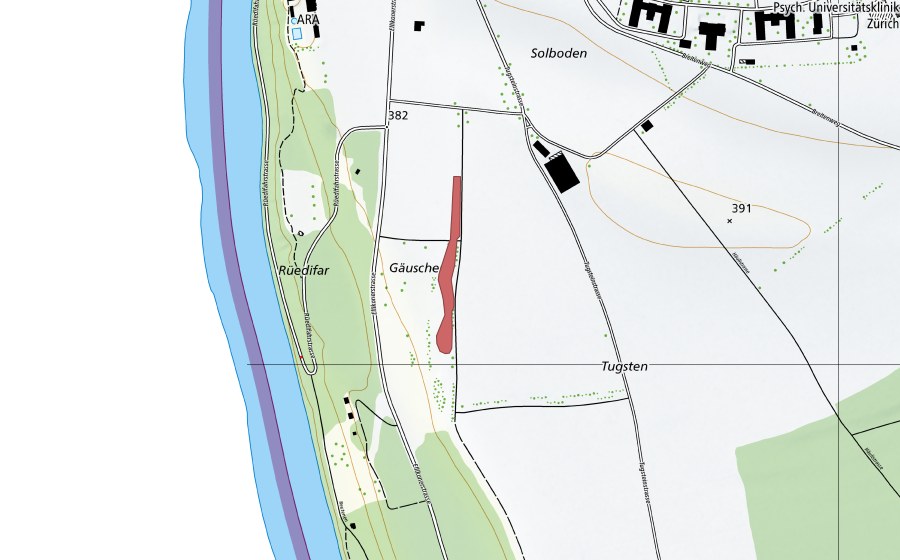 Landeskarte swisstopo mit dem Schutzperimeter von Gäuschen (Trockenwiese)