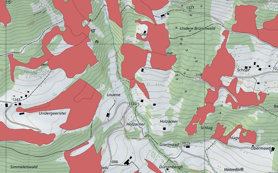 Carte nationale swisstopo avec le périmètre protégé de Geeristei (Prairie sèche)