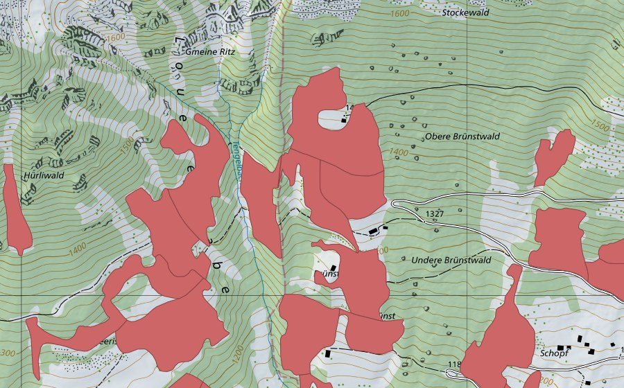 Landeskarte swisstopo mit dem Schutzperimeter von Geeristei (Trockenwiese)