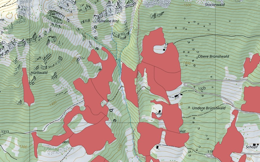 Carte nationale swisstopo avec le périmètre protégé de Geeristei (Prairie sèche)