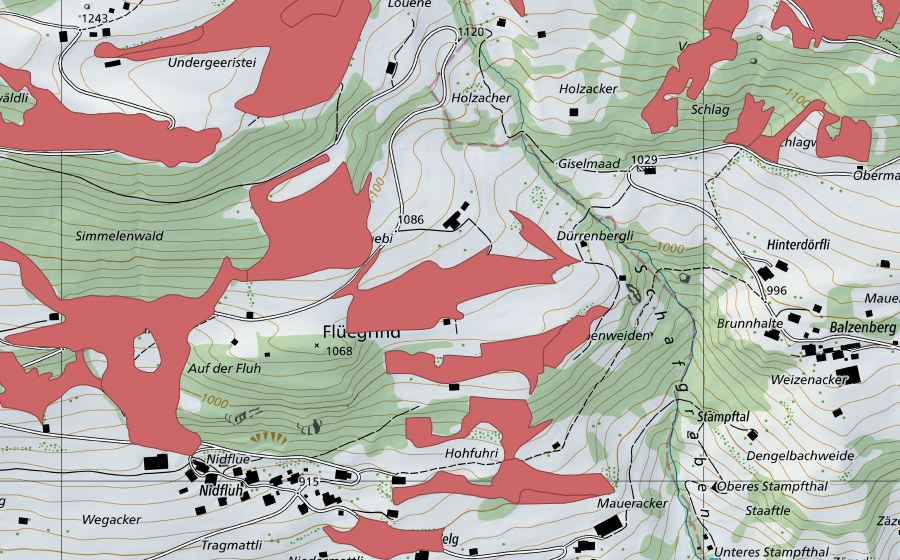 Carte nationale swisstopo avec le périmètre protégé de Geeristei (Prairie sèche)