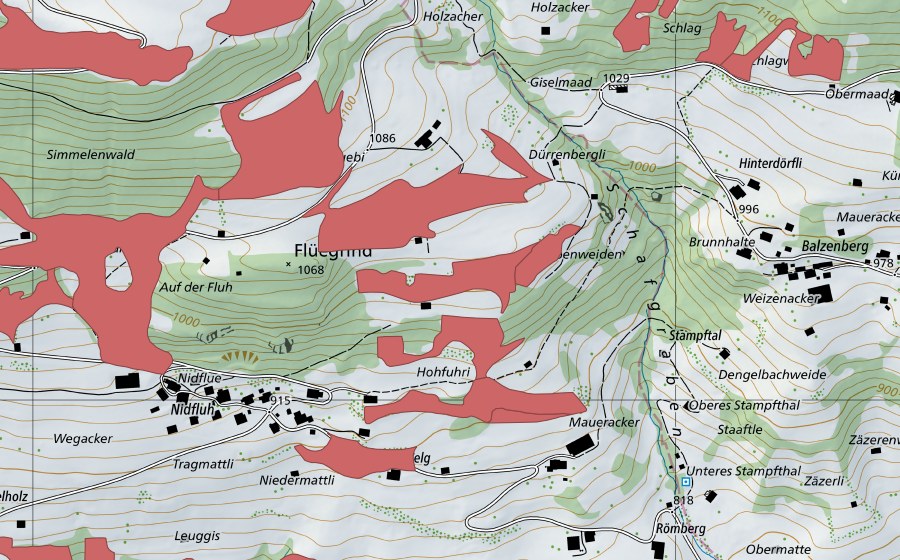 Landeskarte swisstopo mit dem Schutzperimeter von Geeristei (Trockenwiese)