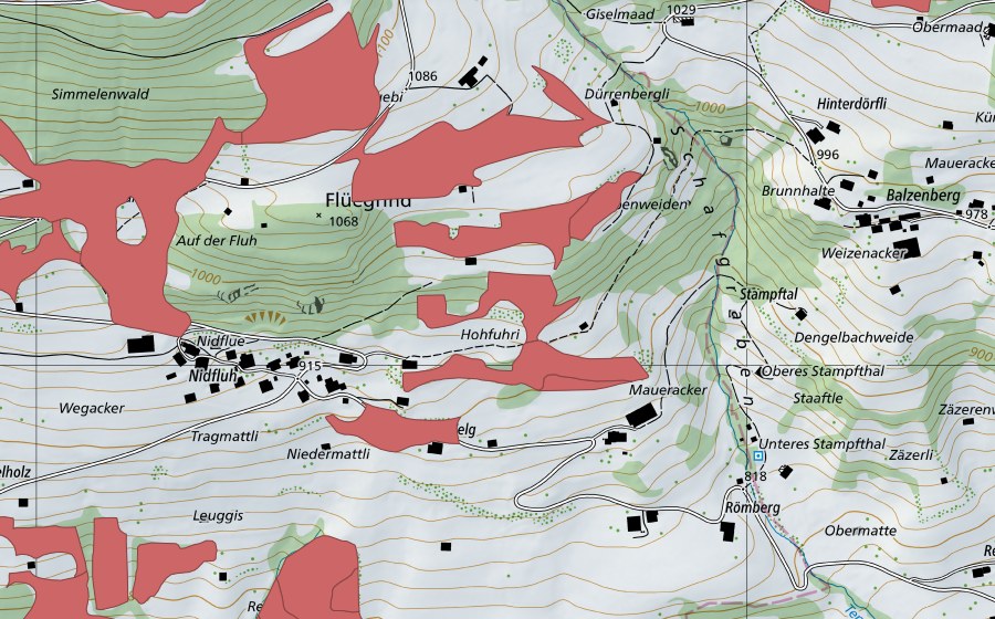 Landeskarte swisstopo mit dem Schutzperimeter von Geeristei (Trockenwiese)