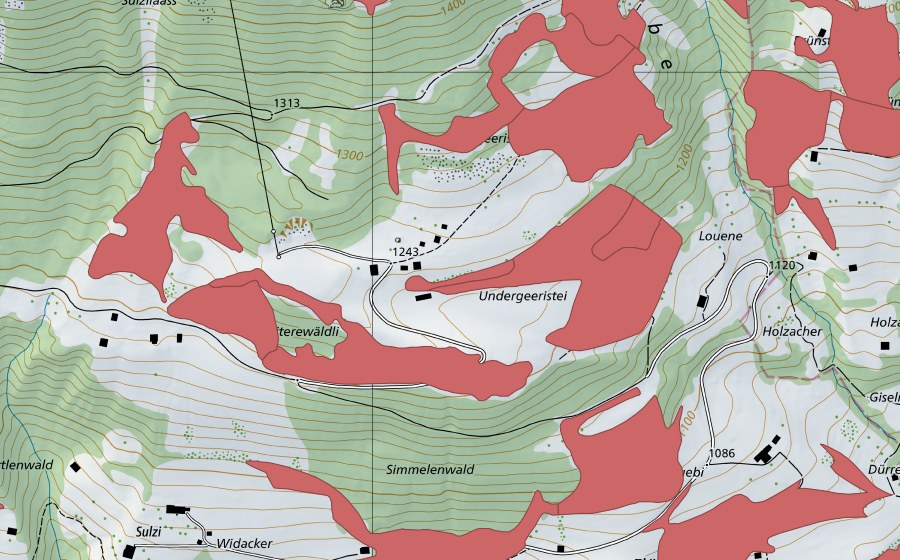 Carte nationale swisstopo avec le périmètre protégé de Geeristei (Prairie sèche)