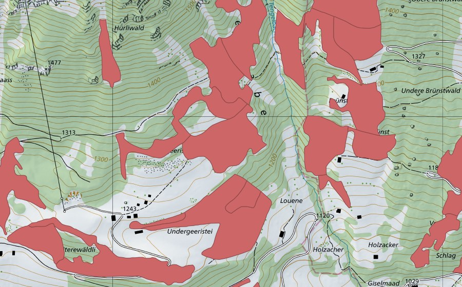 Carte nationale swisstopo avec le périmètre protégé de Geeristei (Prairie sèche)