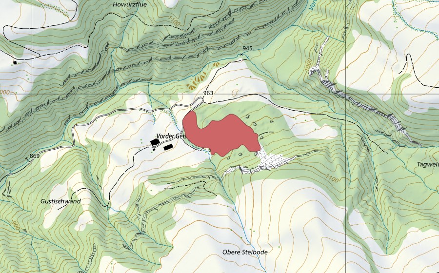 Carte nationale swisstopo avec le périmètre protégé de Geissbach (Prairie sèche)