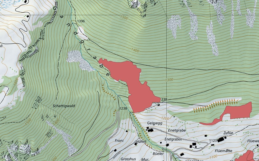 Carte nationale swisstopo avec le périmètre protégé de Geissegg (Prairie sèche)