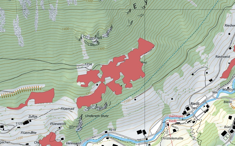 Carte nationale swisstopo avec le périmètre protégé de Geisseggallmi (Prairie sèche)