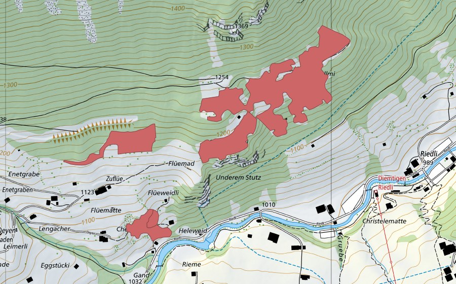 Carte nationale swisstopo avec le périmètre protégé de Geisseggallmi (Prairie sèche)
