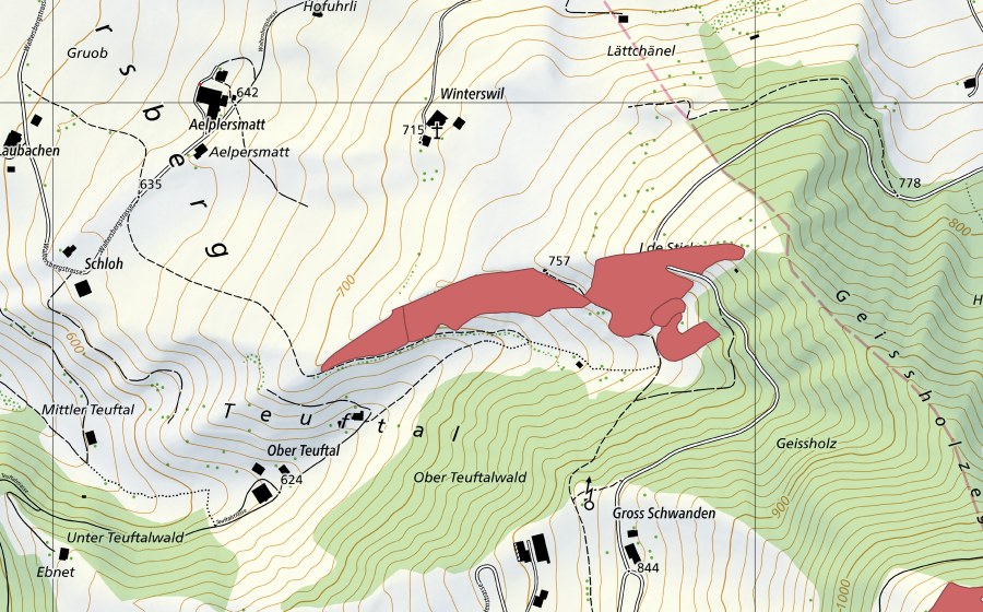 Carte nationale swisstopo avec le périmètre protégé de Geissholz (Prairie sèche)