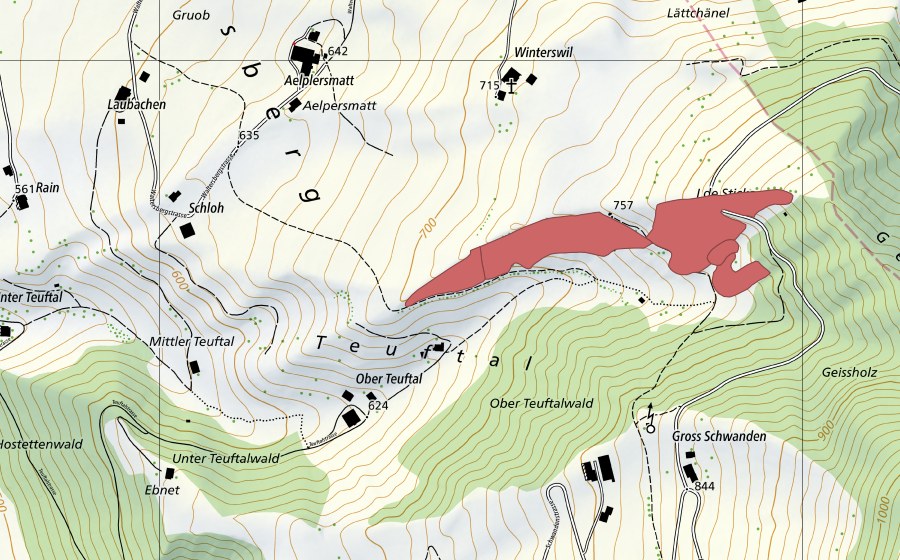 Landeskarte swisstopo mit dem Schutzperimeter von Geissholz (Trockenwiese)