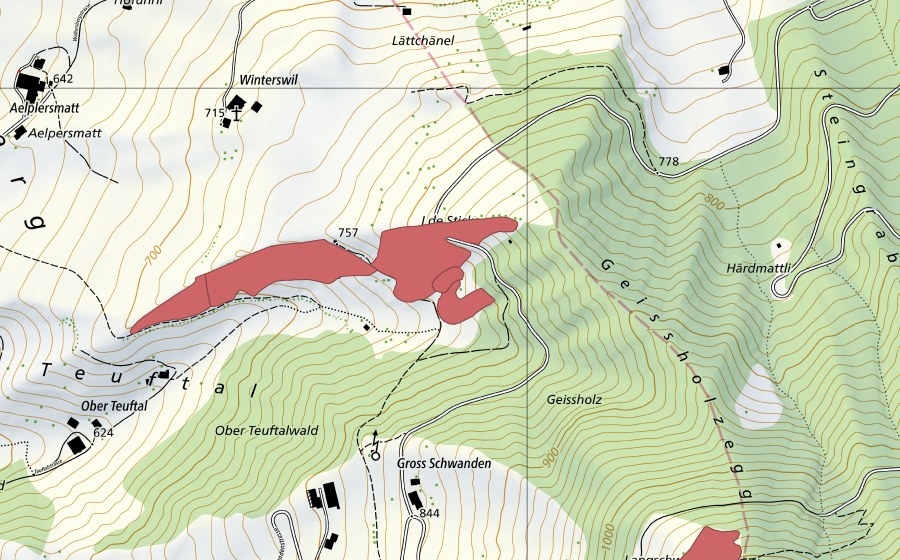 Landeskarte swisstopo mit dem Schutzperimeter von Geissholz (Trockenwiese)