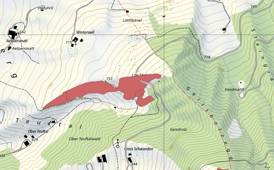 swisstopo national map showing the protected perimeter of Geissholz (Dry meadow)
