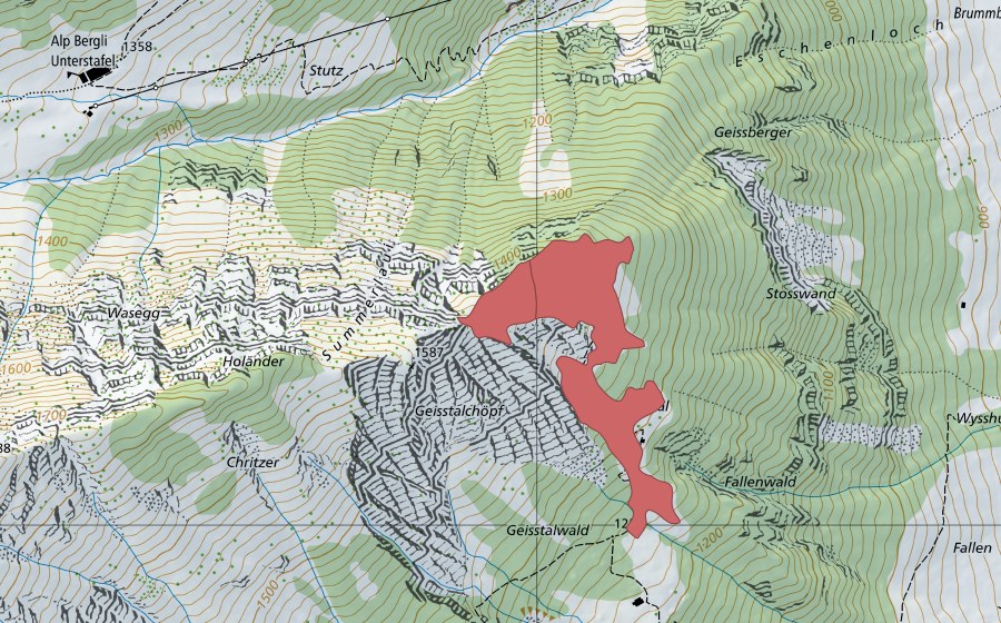 swisstopo national map showing the protected perimeter of Geisstal (Dry meadow)