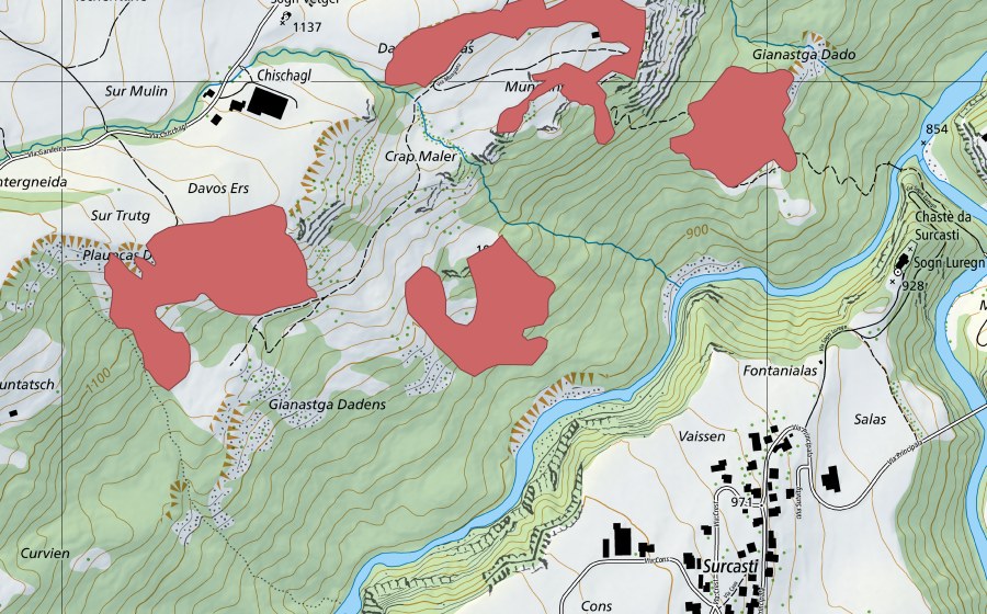 Carte nationale swisstopo avec le périmètre protégé de Genastga (Prairie sèche)