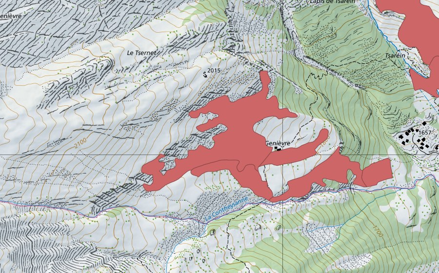 Carte nationale swisstopo avec le périmètre protégé de Genièvre (Prairie sèche)