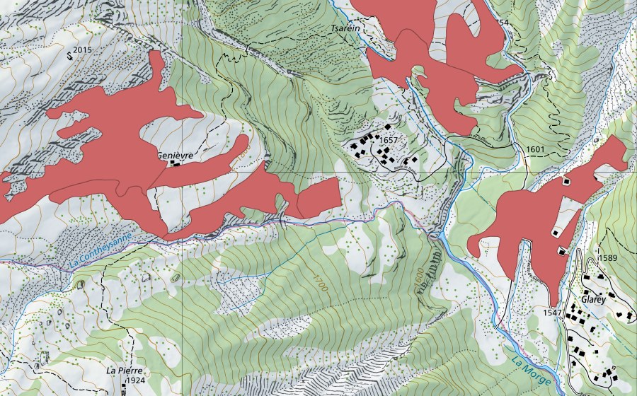 Landeskarte swisstopo mit dem Schutzperimeter von Genièvre (Trockenwiese)