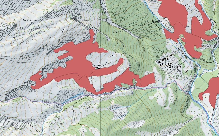 Carte nationale swisstopo avec le périmètre protégé de Genièvre (Prairie sèche)