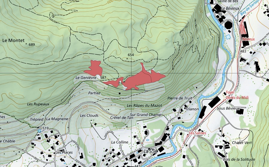 Carte nationale swisstopo avec le périmètre protégé de Genièvre (Prairie sèche)
