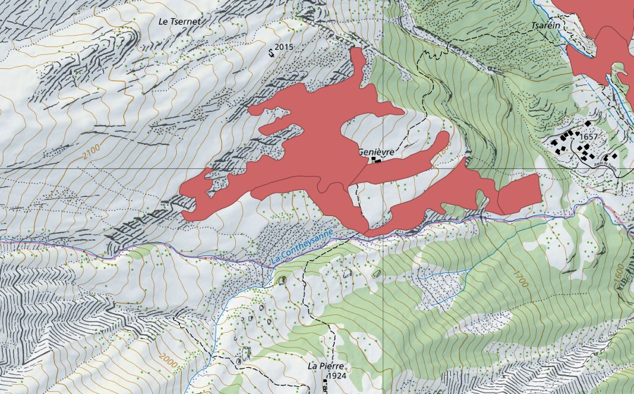 Landeskarte swisstopo mit dem Schutzperimeter von Genièvre (Trockenwiese)