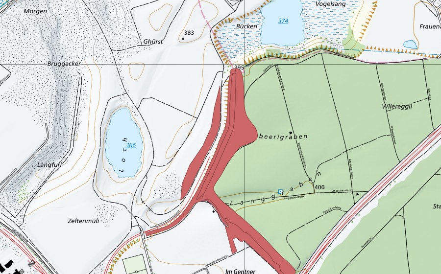 Landeskarte swisstopo mit dem Schutzperimeter von Gentner (Trockenwiese)
