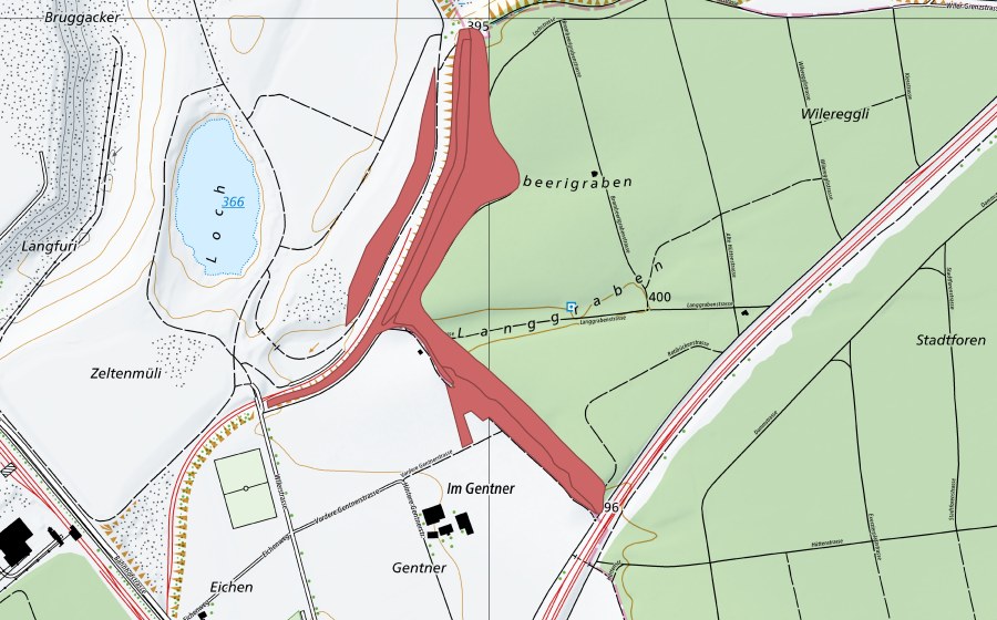 Landeskarte swisstopo mit dem Schutzperimeter von Gentner (Trockenwiese)
