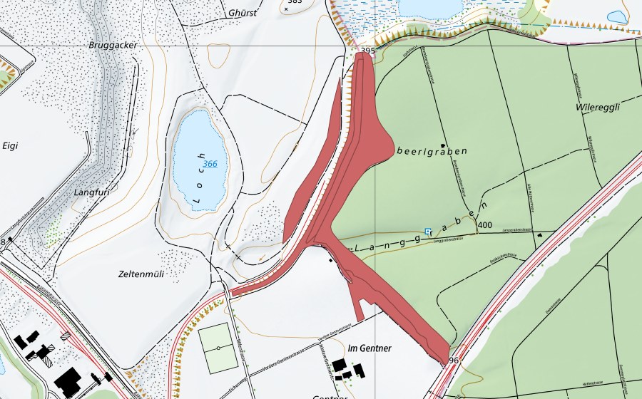Landeskarte swisstopo mit dem Schutzperimeter von Gentner (Trockenwiese)