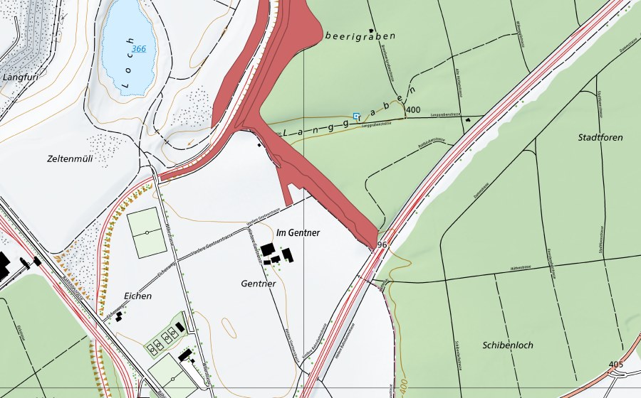 Carte nationale swisstopo avec le périmètre protégé de Gentner (Prairie sèche)
