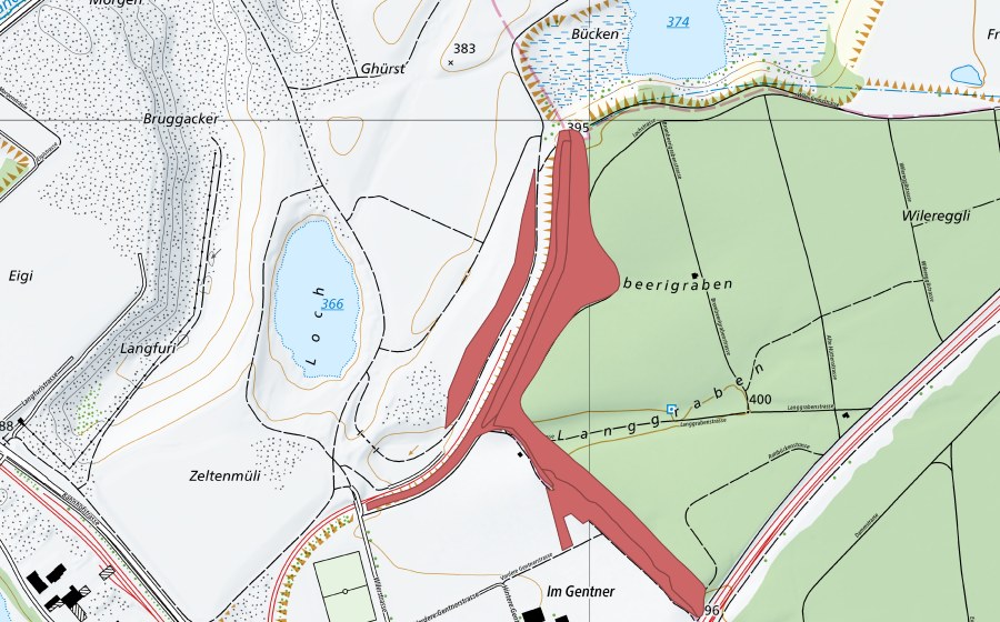 Landeskarte swisstopo mit dem Schutzperimeter von Gentner (Trockenwiese)