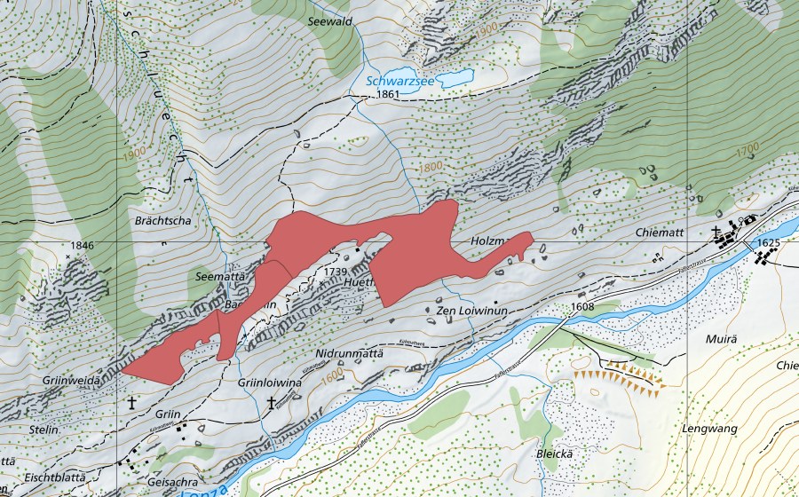 swisstopo national map showing the protected perimeter of Gerynloibina (Dry meadow)