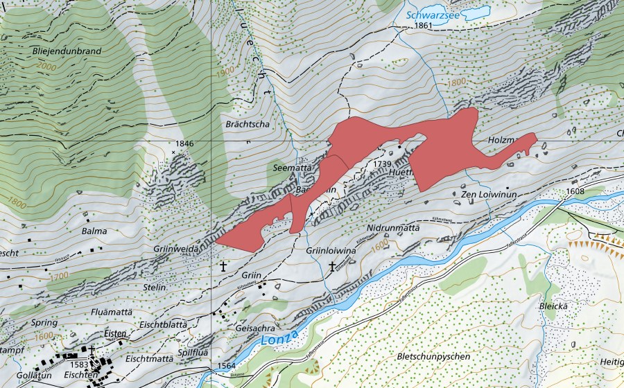 Landeskarte swisstopo mit dem Schutzperimeter von Gerynloibina (Trockenwiese)