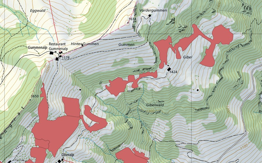 Carte nationale swisstopo avec le périmètre protégé de Gibel (Prairie sèche)